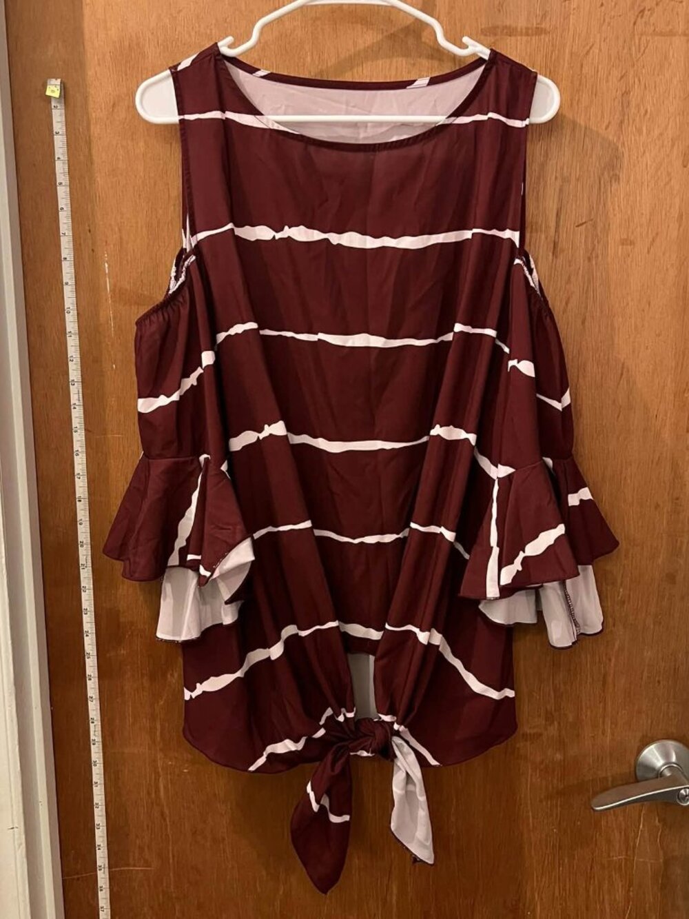 Size XL - Burgundy Short Sleeve Cold-Shoulder Pullover w/Front Tie